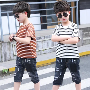 

2020 New Summer Striped T-shirts + Jeans Short Pants Toddler Boys Cotton Clothing Sets Clothes Set Outfits Suits 10 12 14 Years