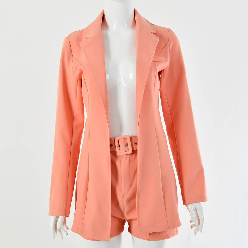 Элегантный однотонный деловой женский костюм, повседневный блейзер с отложным воротником, топ, пальто с шортами, женские комплекты, сексуальный офисный комплект из двух предметов - Цвет: orange suit