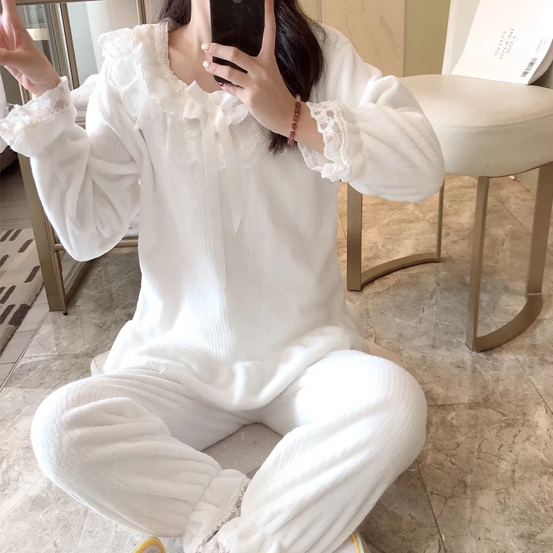 

3915 # Pajamas Women's Autumn & Winter Thick plus Velvet Warm Cute Princess Style Spring And Autumn Flannel Homewear Set