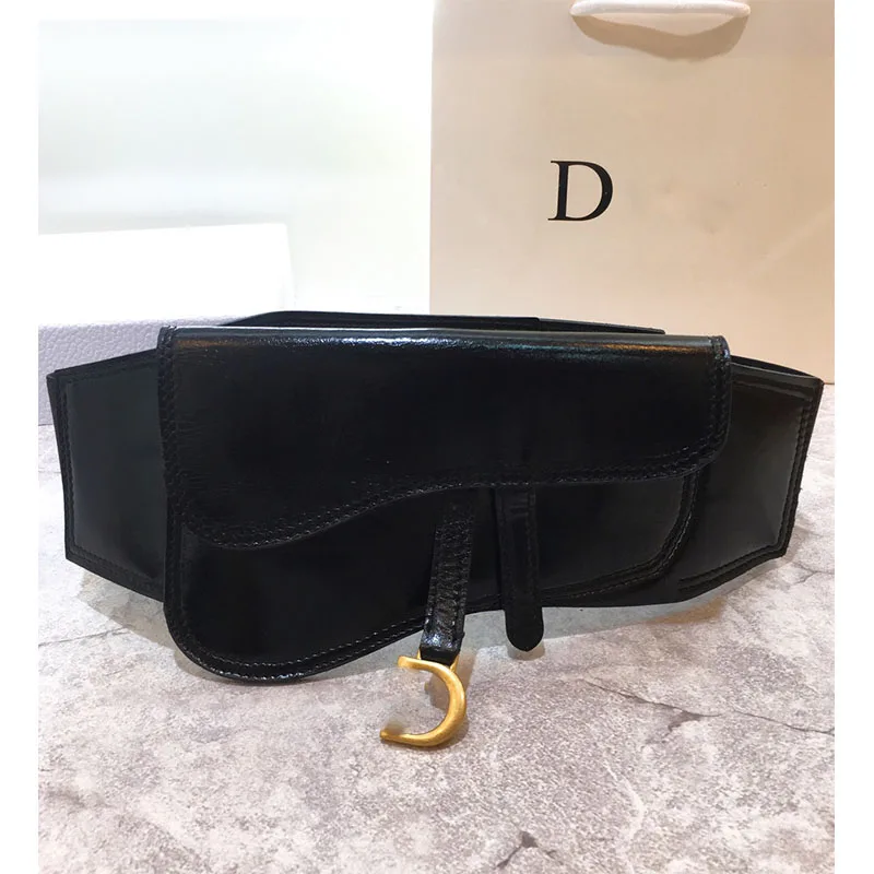 

Cosmicchic Luxury Design Black Real Leather Wide Belts Elastic High Waist Belt Women Metal Letter Femme 2019 Casual Cummerbunds