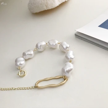 

AOMU 2020 New Baroque Irregular Imitation Pearl Gold Metal Link Chain Bracelets for Women Girl Party Charm Jewelry