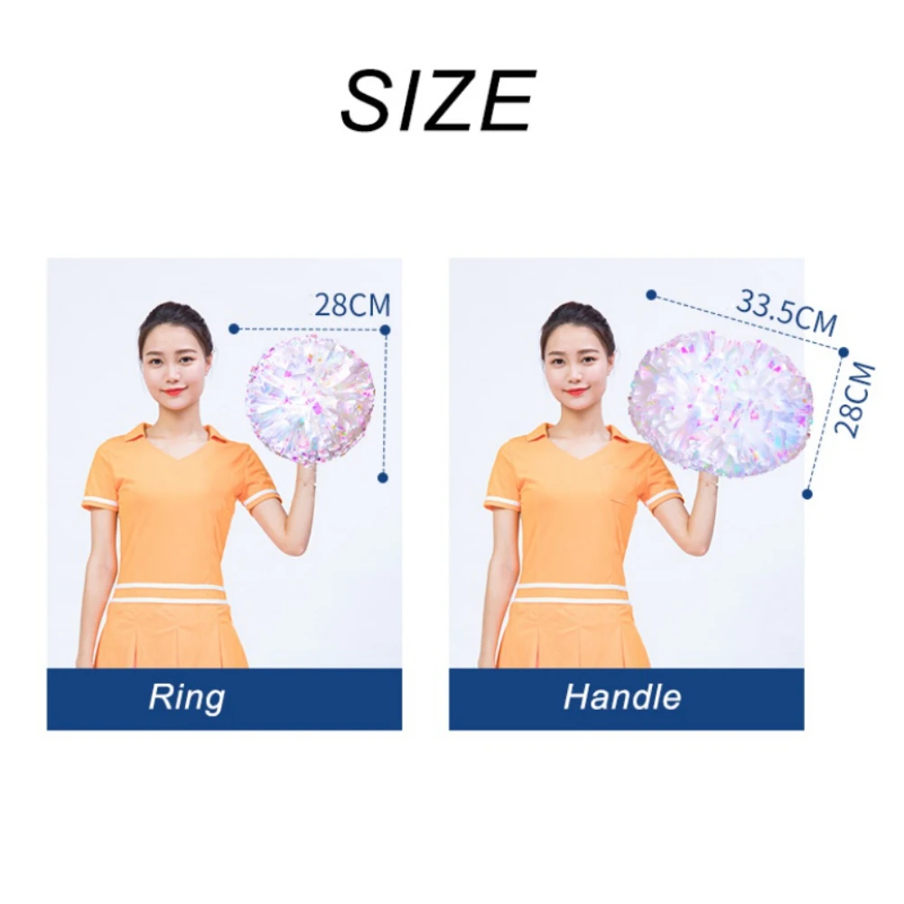 Description Picture 5 of item1 Pair Cheerleader Pom Poms Rainbow Flower Ball Metallic  Cheerleading Pompoms Cheer Pom Majorettes Bouquet Plastic Handles