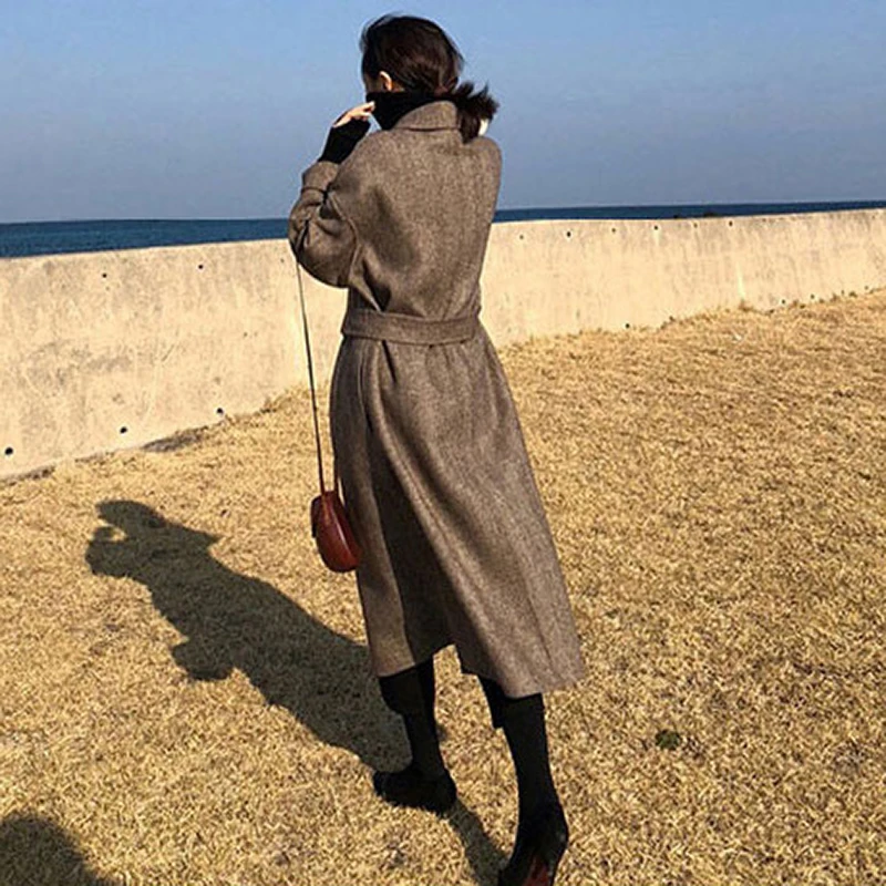 Полосатое модное шерстяное пальто, куртка для женщин, на шнуровке, длинное, смешанное, элегантное женское пальто размера плюс, отложной воротник, верхняя одежда Abrigo Mujer