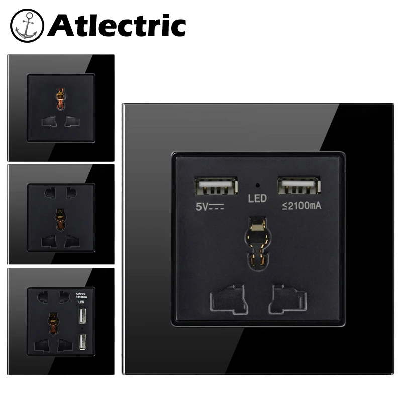 Atlectric универсальная настенная панель из закаленного стекла с двойным usb-портом 220 В с тремя отверстиями, многофункциональная розетка с пятью отверстиями для дома