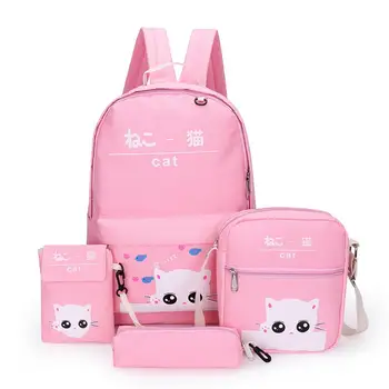 

4PCS/Set Backpack Japan And South Korea Cartoon Cute Cat Shoulder Bag Small Fresh Printing Preppy Style Student Backpack