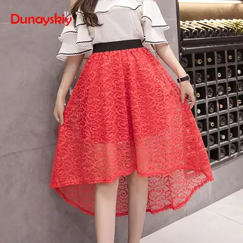 

Hollow Out Asymmetry Long Lace Skirt Spring Summer Chic Pleated Skirts Womens Female 2019 New Hot Sale Elastic High Waist Red