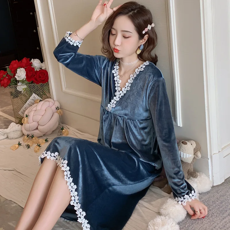 

Spring And Autumn Pajamas Women's Autumn & Winter Long Sleeve Nightgown Gold Velvet Loose-Fit Cute Korean-style Home Wear Solid