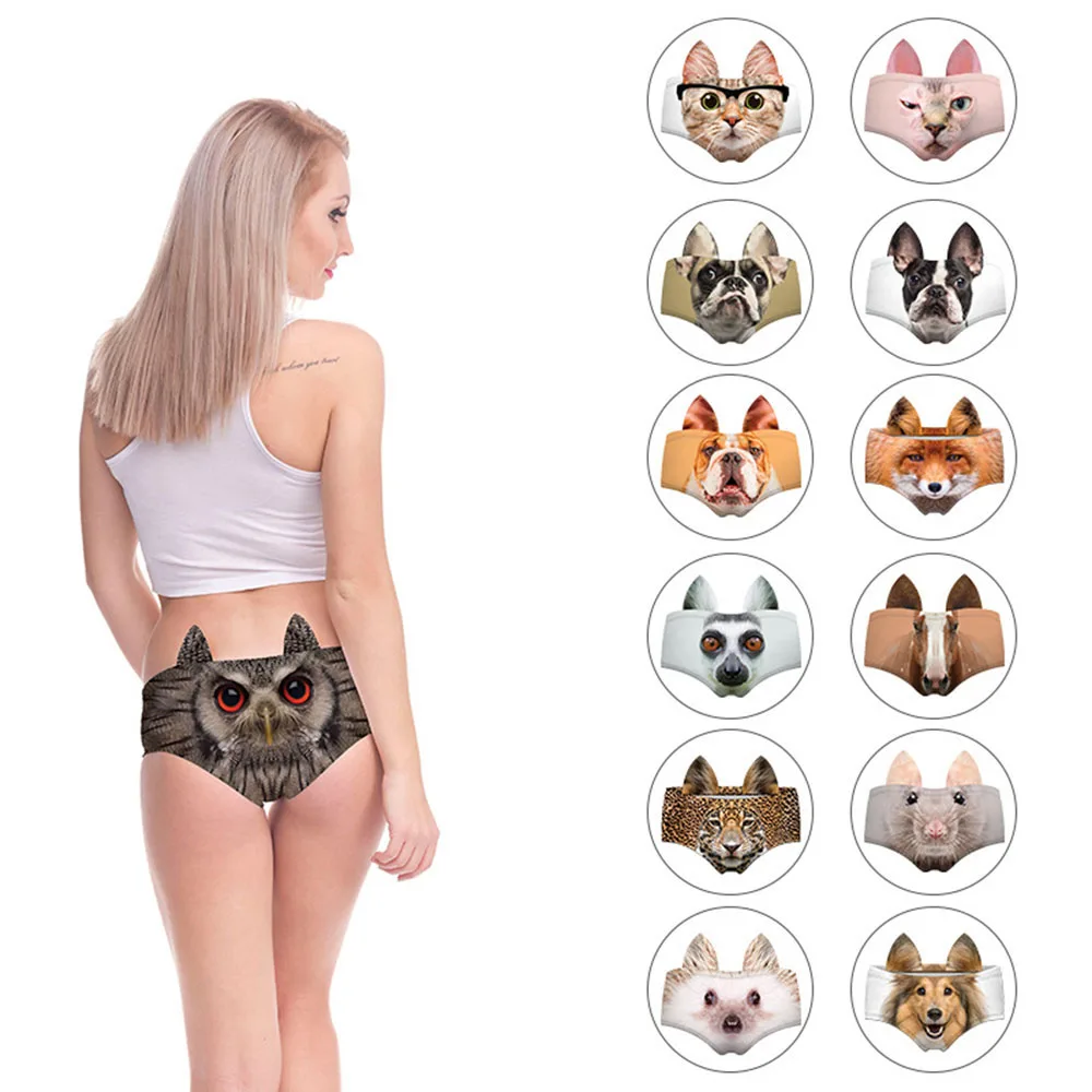 

1 Pc New 3D Animal Print Cute Womens Underwear Briefs with Pig Cat Fox Wolf Squirrel Racoon Llama Owl Husky Ears Sexy Low Waist