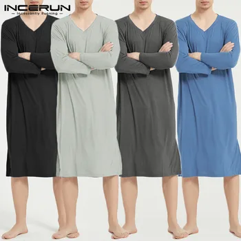 

INCERUN Mens Leisure Sleep Robes Casual Short Sleeve V Neck Sleepwear Fashion Solid Color Cotton Nightgrown Homewear Plus Size