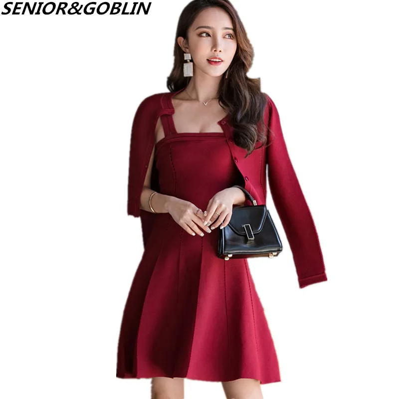 

New Luxury High Quality Suspender Vest Dress+Women Cardigan 2pcs Suits 2019 Winter Office Ladies Elegant Knitting Clothing Sets