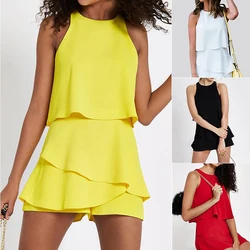 Macacão feminino folgado, cores sólidas, sem mangas, chiffon, high street
