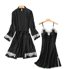 Женская ночная рубашка, комфортная, шелковая, атласная, ночная рубашка, кардиган+ платье, для женщин, одноцветная, сексуальная, кружевная, Femme, элегантная, домашняя одежда