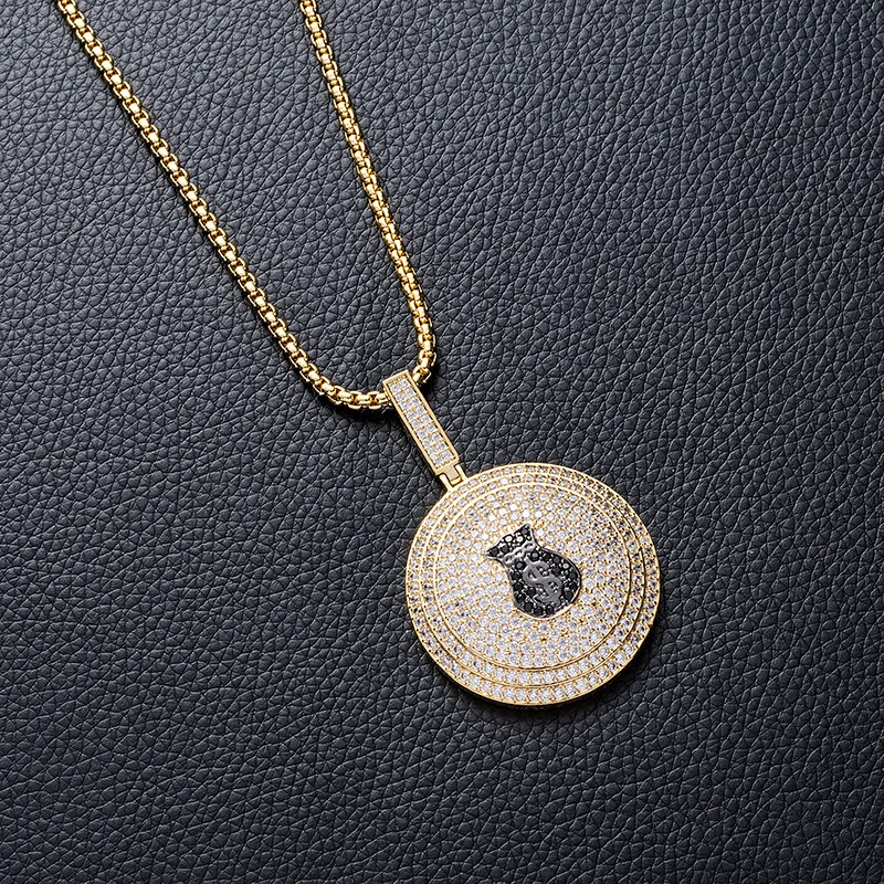 

Hip Hop Micro Paved White AAA Cubic Zirconia Bling Ice Out US Dollar Money Bag Round Pendants Necklace for Men Rapper Jewelry