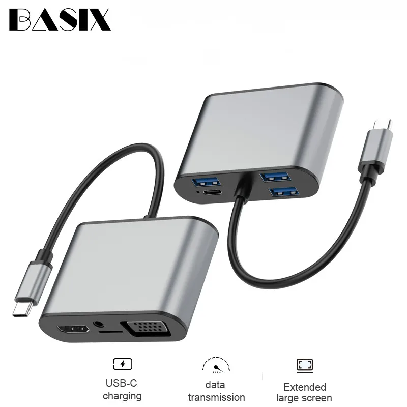 Basix USB C концентратор USB-C к HDMI VGA адаптер Thunderbolt 3 тип-c PD TF 3,5 мм считыватель слот USB3.0 концентратор для MacBookPro huawei P20 Pro