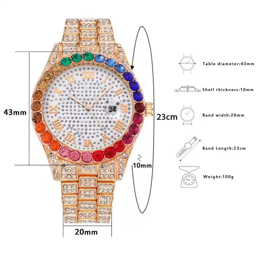 Ladies Iced Out Watch for Women Luxury Colourful Women Gold Watch Fashion Diamond Crystal Bling Bling Hip Hop Watch Reloj Mujer