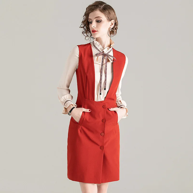 

Spring Dress Set 2020 Women's New Ruffled Collar Bow Long sleeve Shirt + Single Breasted V-Neck Sleeveless Dress Suit