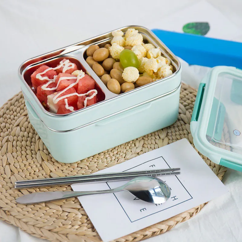 

Stainless Steel Insulated Lunch Boxes Japanese-style Double-layer Rectangular Lunch Box Partition Bento Box