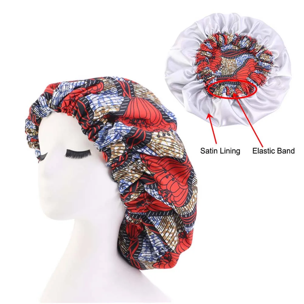 red Очень большой атласной подкладкой Bonnets для женщин Африканский узор печати ткань капот двойной слой регулируемый размер Ночной сон женский тюрбан - Цвет: red