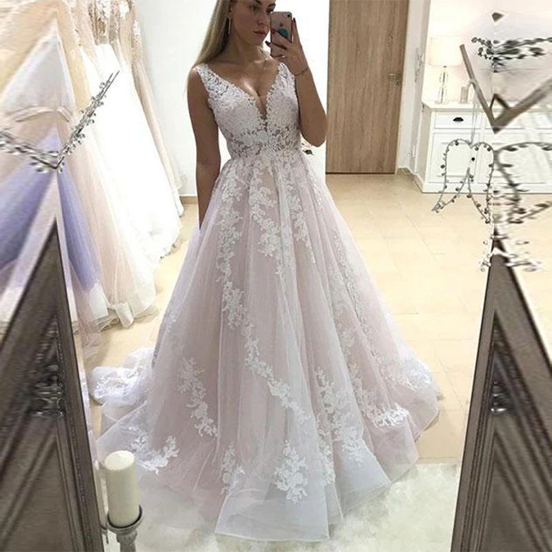 

vestido de casamento 2019 simple V Neck Lace Appliqued Tulle wedding dress plus size Sleeveless Sweep Train Bridal Wedding Gowns