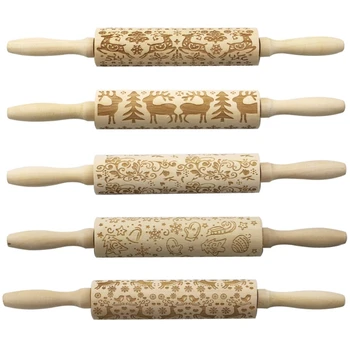 

Christmas Elk Printed Rolling Pin Xmas Decorations Engraved Wood Embossing Cookie Biscuit Fondant Baking Tool