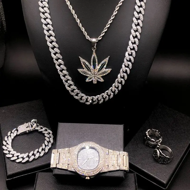

Luxury men's hip hop Necklace men's silver watch & full diamond Maple Leaf Necklace & Ring & Bracelet ice combination set