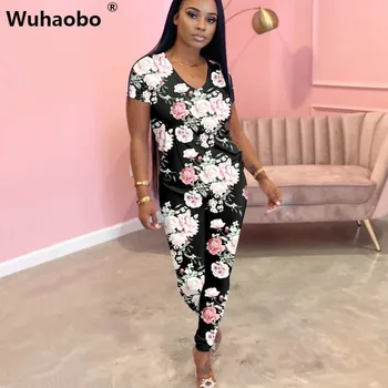 

Wuhaobo Vintage Black Print Sets Women Summer Suit Fashion V-Neck Top Tees And Pants Casual Two Piece Set Female Sporty Outfits
