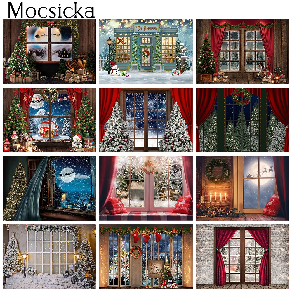 Christmas Window Backdrop Winter Snow Wonderland Birthday Portrait Background Curtain Wreath Christmas Tree Photography Props