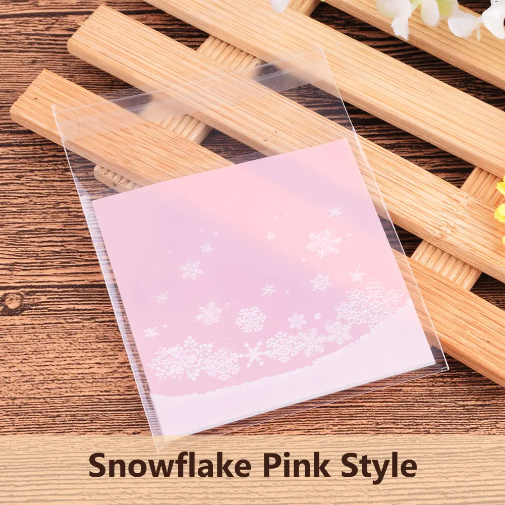 7*7 см милые конфеты самоклеющиеся пластиковые пакеты для печенья для домашней выпечка в подарок упаковка мешок пищевой Рождественский Декор 100 шт - Цвет: Pink snowflake