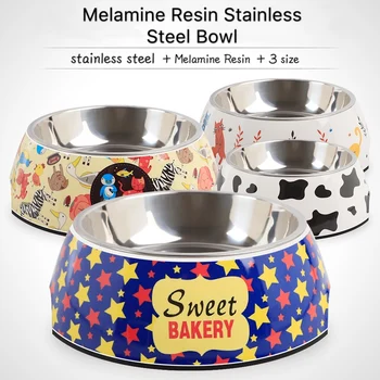 

Melamine Resin Print Pet Feeder Bowl Stainless Steel Inner Dog Bowl Non-slip Pet Puppy Cat Bowl