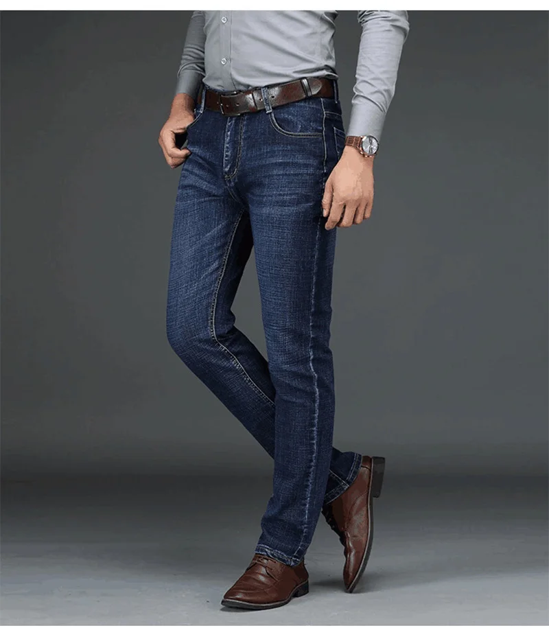 Высокое качество, Осень-зима, эластичные мужские джинсы, прямые, свободные и большие размеры, деловые повседневные штаны, Молодежные мужские брюки