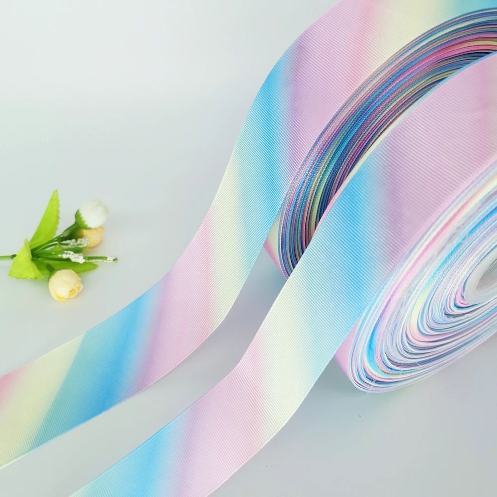 DIY Rainbow Color Gradation Printed Grosgrain Ribbon Hair Bow Party Sewing Glitter Craft 5 Yards 25mm 38mm 50mm