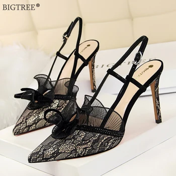 

Women Sandals 2020 Summer high heels Sexy Lace Mesh shoes pointed toe Elegant fashion ankle strap buckle party dance club pumps