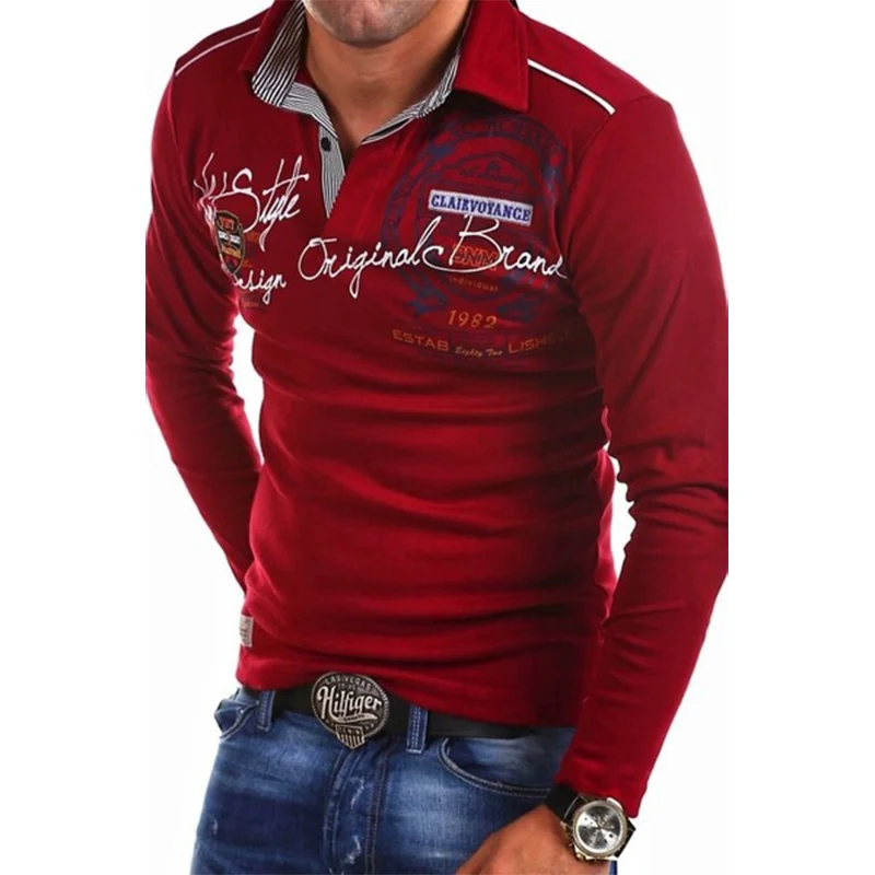 Zogaa Мужская рубашка поло с длинным рукавом плюс размер S-4XL с надписью Slim Fit повседневные мужские рубашки модные топы футболки поло мужские - Цвет: Бургундия