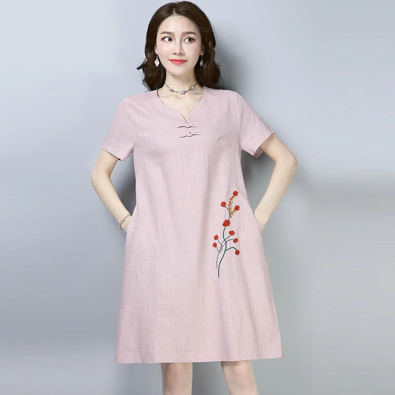 

2019 Flax Embroidered Large Size Loose-Fit Frog Summer New Style Mid-length Short Sleeve WOMEN'S Dress