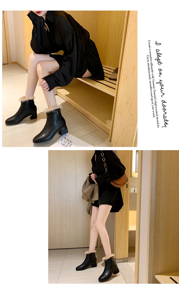 Plush Ankle Boots Women 5 Cm Thick High Heel Short Boots Ladies Winter Shoes Woman Warm Fashion Buckle Black Beige