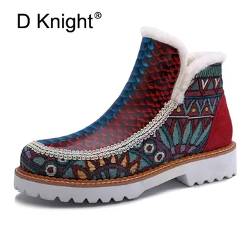 

Women Boots Genuine Leather Fur Brand Winter Shoes Warm Colorful Print Round Toe Casual Big Size Female Ankle Snow Boots New Hot