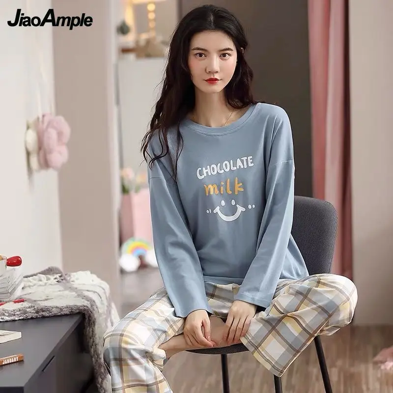 2022 Spring Autumn Casual Sleepwear women's Cotton Pajamas  Suit Female Long-sleeved Trousers Nightie Pijamas Two Piece Set