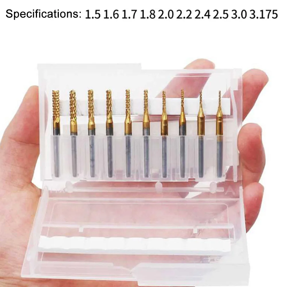 

10pcs Dropship Titanium Plating 0.8-3.175mm PCB Drill Bit Set Engraving Cutter Rotary CNC End Mill Corn Milling Tip Set