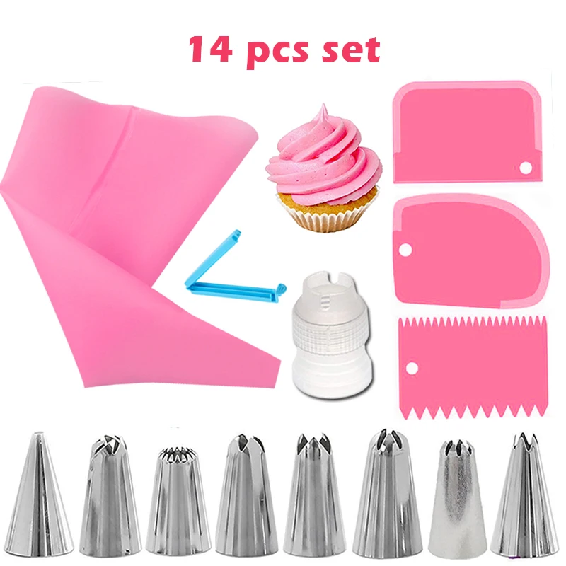 14pcsset-reusable-icing-piping-nozzles-set-pastry-bag-diy-cake-decorating-tools-scraper-flower-cream-tips-converter-baking-cup