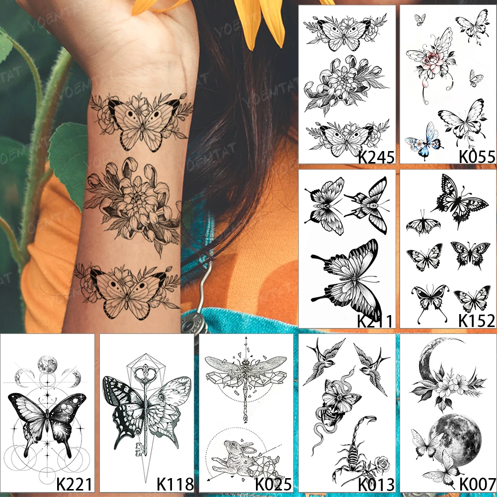 9pcs/Lot Waterproof Temporary Tattoo Sticker Sexy Flower Peony Rose Butterfly Flash Tatto Woman Wrist Body Art Fake Tatoo Man