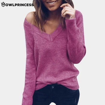 

Daily suit OWLPRINCESS Rabbit Velvet Oversized Sweater Women Long Sleeve V Neck Backless Warm Knitted Sweater Femme
