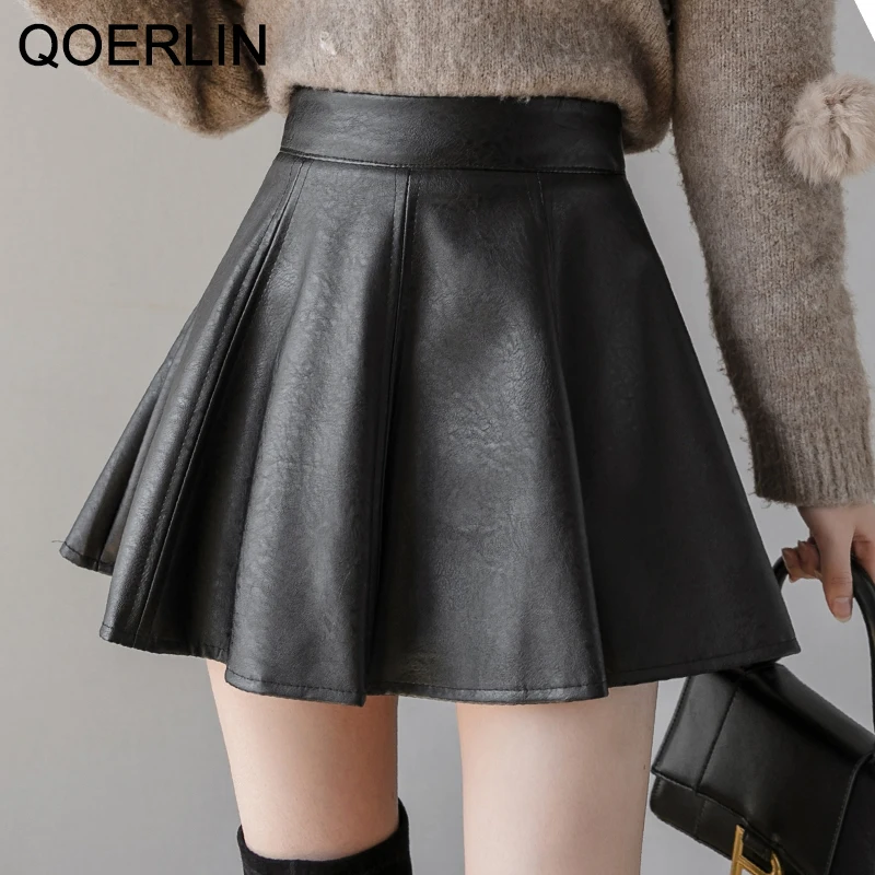 QOERLIN Leather/Woolen Skirts Autumn Winter PU Leather Skirt High Waist Skirt Fluffy Short Skirt with Shorts Liner Pleated Skirt