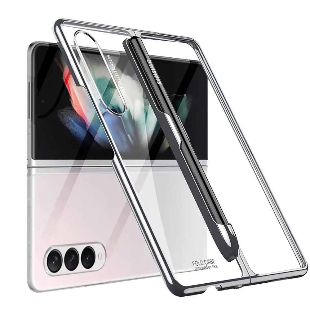 Plating Frame Transparent Case With Pen for Samsung Galaxy Z Fold 3 S Pen Slot Holder Cover Hard Plastic Clear Back Case samsung silicone case Cases For Samsung