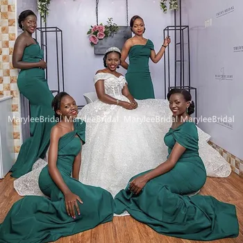 

Mermaid Style One Shoulder Dark Green Bridesmaid Dress Pleats Satin Wedding Guest Dresses Party Gown koszoruslany ruha For Women
