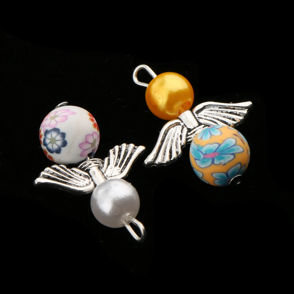 20 Pcs Tibetan silver color Angel Wing Pearl Polymer Clay Beads DIY Dangle Pendants Earrings Bracelets Necklaces Chokers