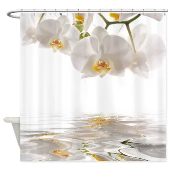 

White Orchids Shower Curtain Mat Decorative Home Bath Fabric Waterproof Decor Curtain Bathroom Polyester Set