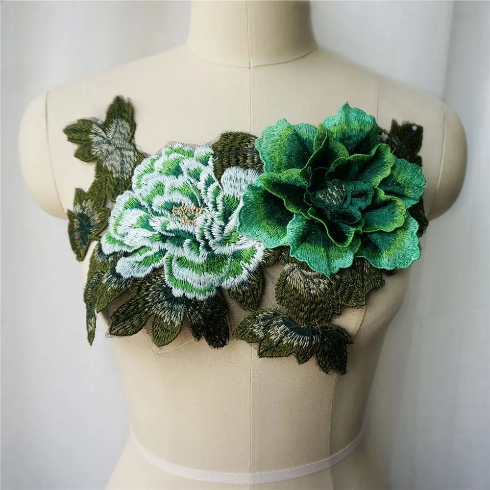 Green 3D Peony Flower Leaf Lace Fabric Multilayer Collar Embroidered Gown Appliques Sew Patch For Wedding Decoration Dress DIY | Дом и сад