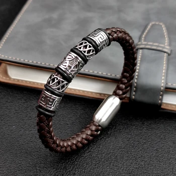Punk Style Coffee Leather Bracelet 316L Stainless Steel 5 Viking Bead Bracelet Powerful Magnet Clasp 4 Color Friend Gifts