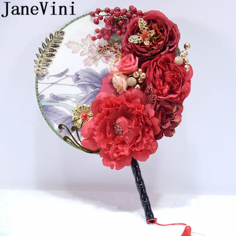JaneVini искусственные пионы для невесты букеты красные шелковые цветы кисточкой для женщин Свадебные подиума пышный свадебный веер букет де Роза