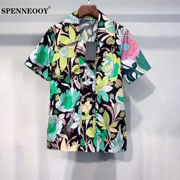 

SPENNEOOY Designer Runway Summer Women Multicolor Plants Print Boho Holiday Cotton Shirt Ladies Split Short Sleeve Blouse Tops